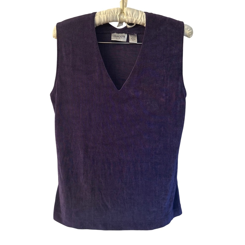 Chicos Travelers Purple 2 Piece Set Tunic Pants Women M Petite Travel Resortwear - Picture 2 of 13